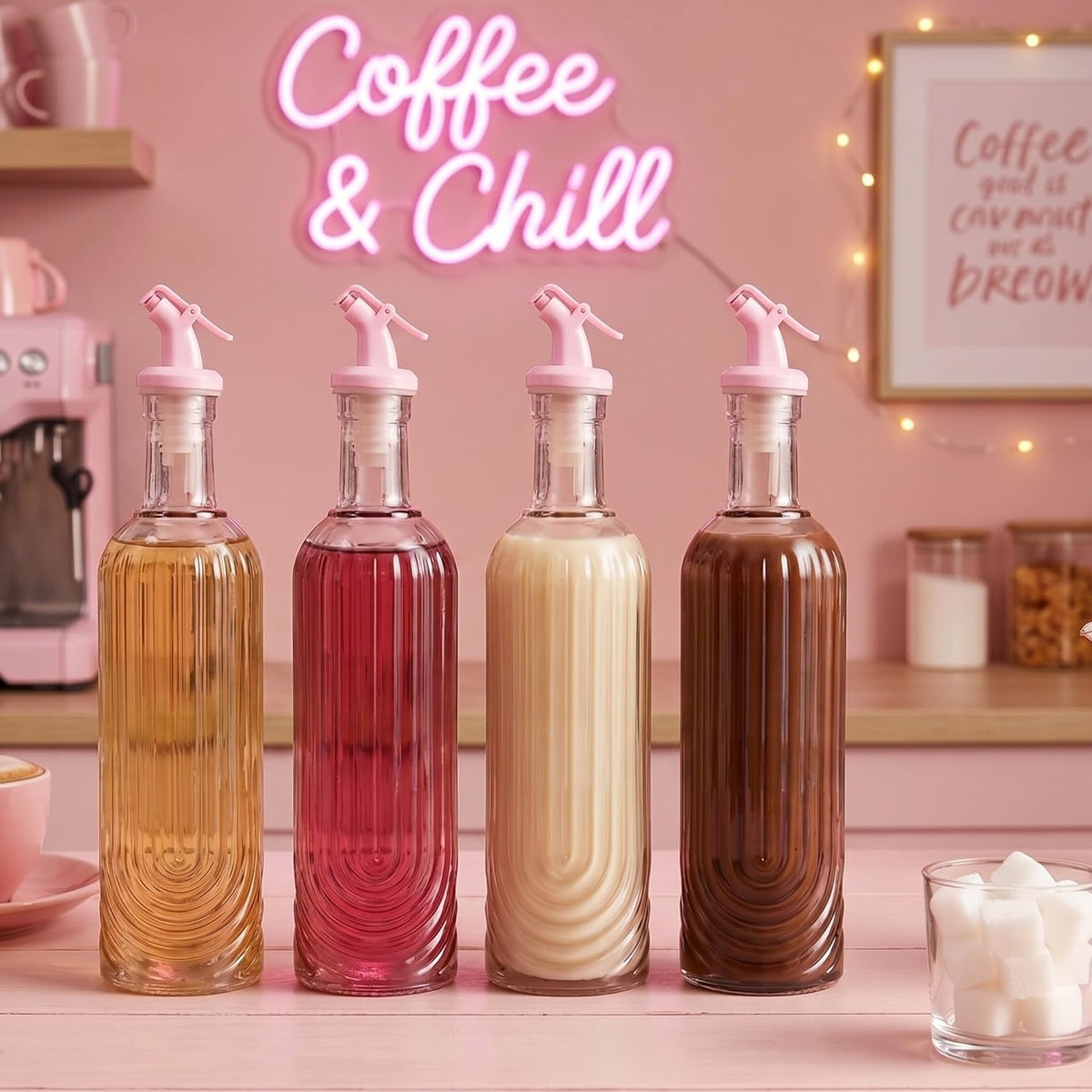 4 Set 17oz Pink Syrup Dispenser, Glass Syrup Bottles for Coffee Bar, Pink Leak-Proof Coffee Accessories