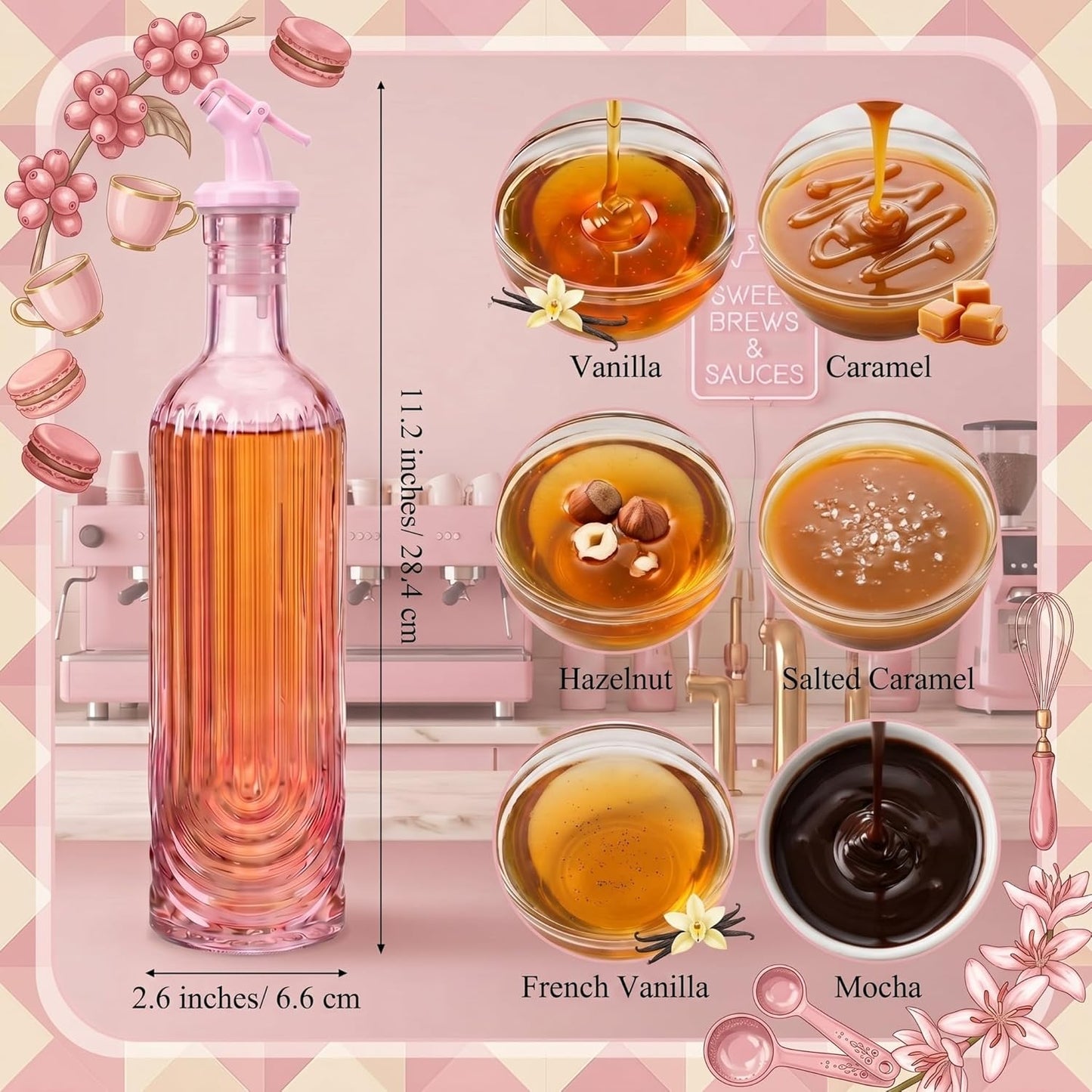 4 Set 17oz Pink Syrup Dispenser, Glass Syrup Bottles for Coffee Bar, Pink Leak-Proof Coffee Accessories