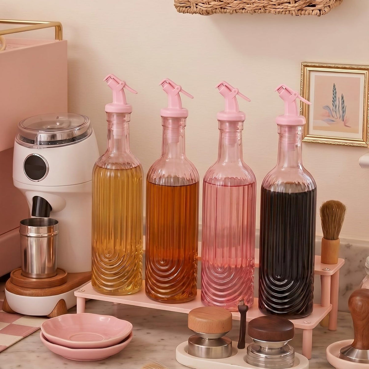 4 Set 17oz Pink Syrup Dispenser, Glass Syrup Bottles for Coffee Bar, Pink Leak-Proof Coffee Accessories
