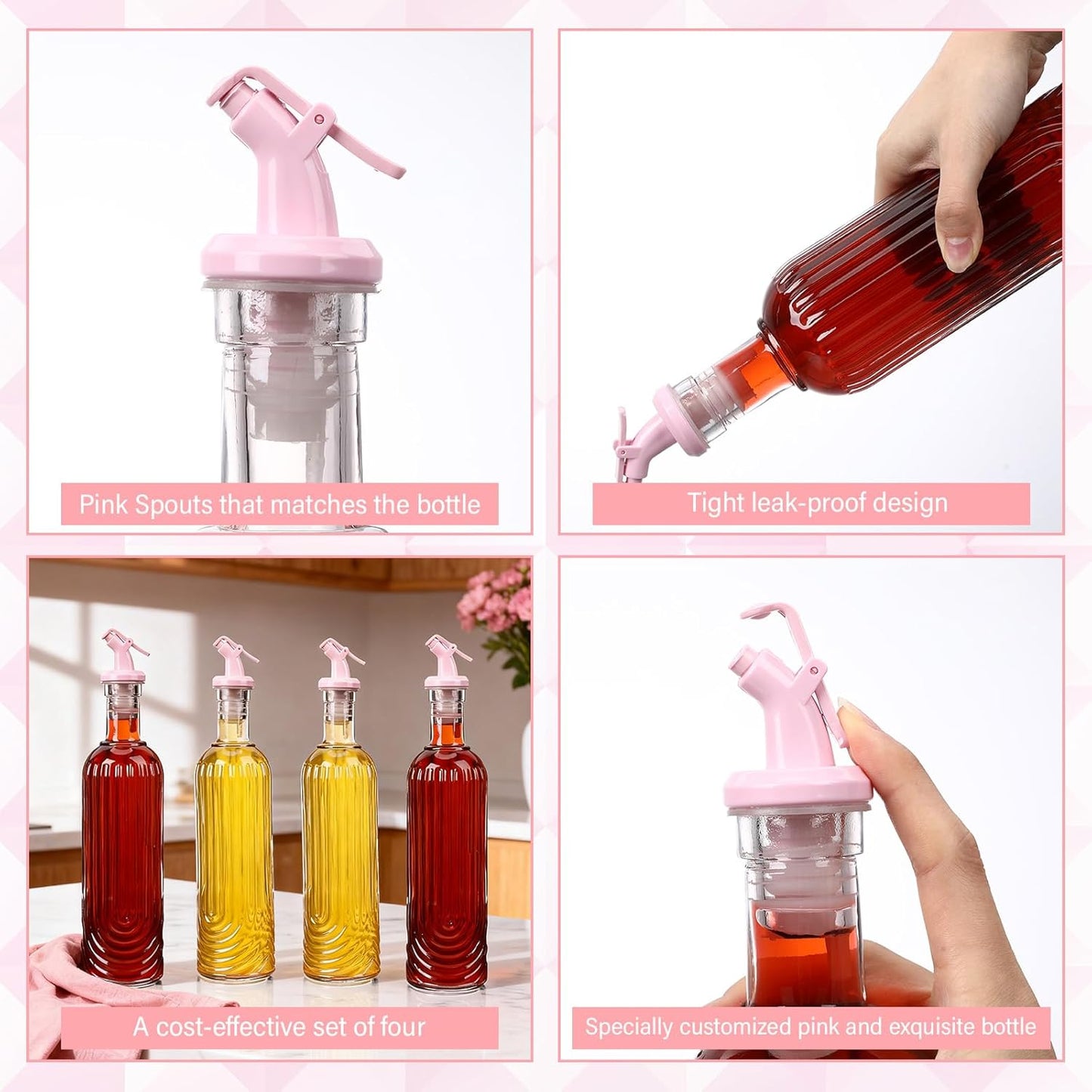 4 Set 17oz Pink Syrup Dispenser, Glass Syrup Bottles for Coffee Bar, Pink Leak-Proof Coffee Accessories