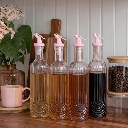 4 Set 17oz Pink Syrup Dispenser, Glass Syrup Bottles for Coffee Bar, Pink Leak-Proof Coffee Accessories