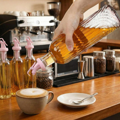 4 Set 17oz Pink Syrup Dispenser, Glass Syrup Bottles for Coffee Bar, Pink Leak-Proof Coffee Accessories