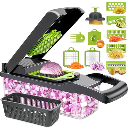 14-in-1 Vegetable Chopper with Container, 6 Blades & Finger Guard | Veggie Chopper with Container and Lid, Cheese Grater & Egg Separator, Dishwasher Safe, Dices Onion, Potato, Chips & Cubes