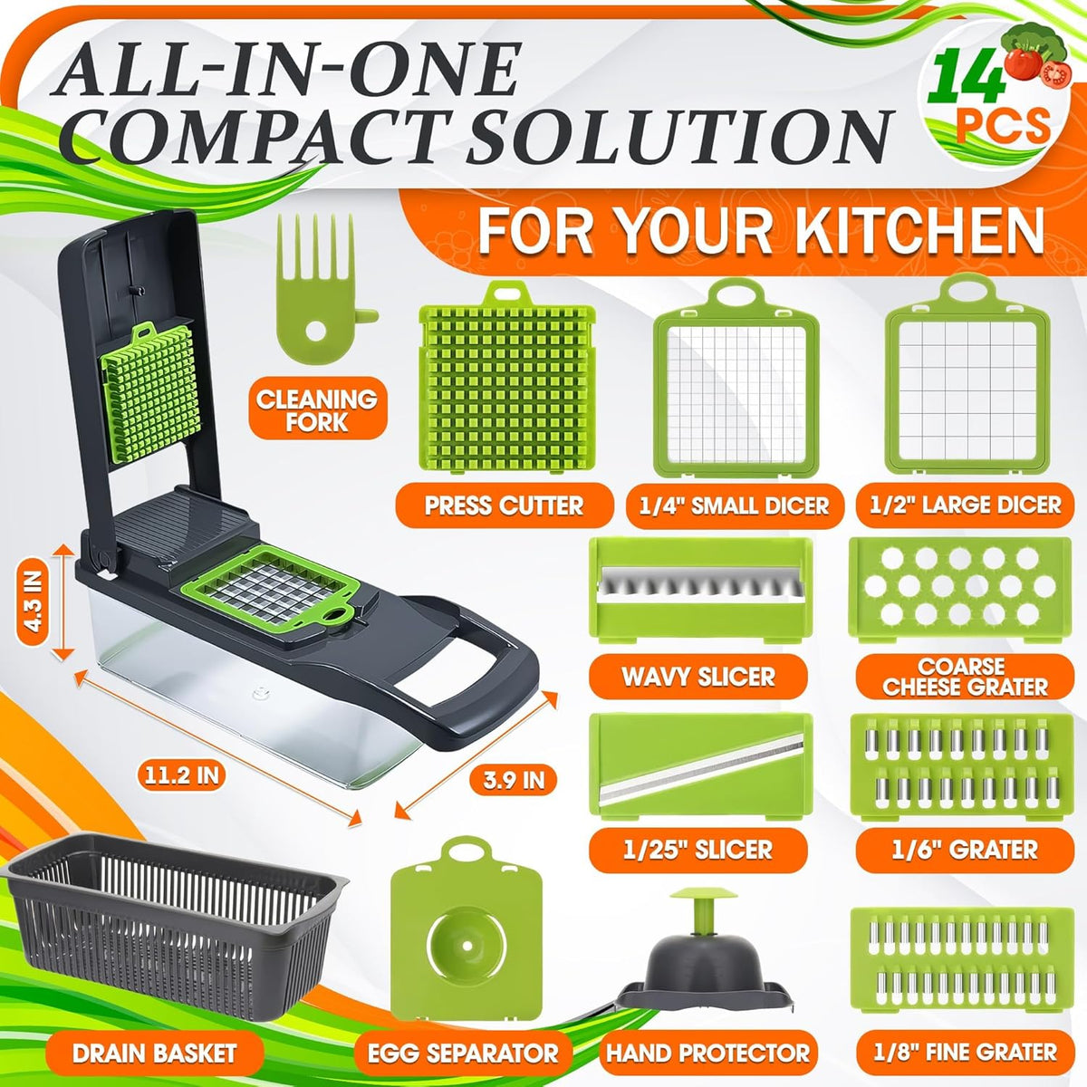 14-in-1 Vegetable Chopper with Container, 6 Blades & Finger Guard | Veggie Chopper with Container and Lid, Cheese Grater & Egg Separator, Dishwasher Safe, Dices Onion, Potato, Chips & Cubes