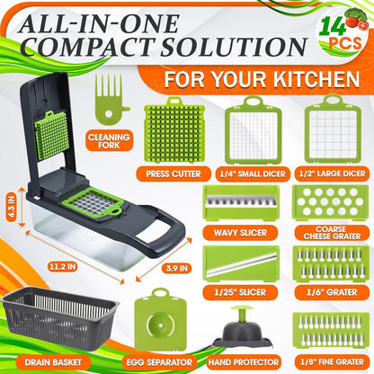 14-in-1 Vegetable Chopper with Container, 6 Blades & Finger Guard | Veggie Chopper with Container and Lid, Cheese Grater & Egg Separator, Dishwasher Safe, Dices Onion, Potato, Chips & Cubes