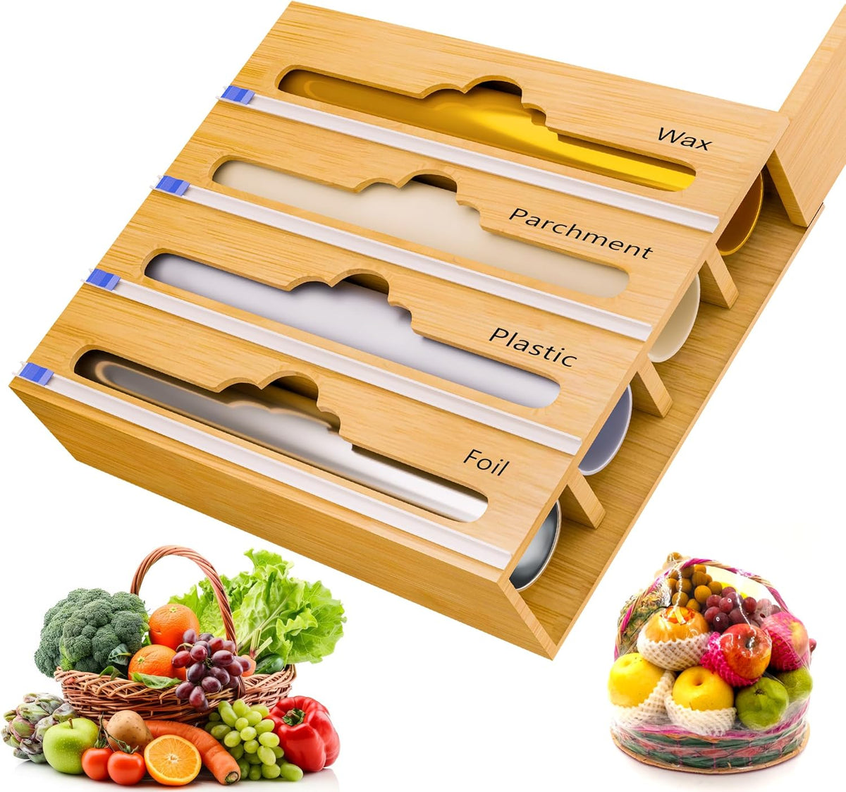Bamboo Aluminum Foil Organizer & Plastic Wrap Dispenser with Cutter for 11" Rolls - 4 in 1 Parchment, Wax Paper & Saran Wrap Holder - Tin Foil Wrap Organizer for Kitchen Drawer, Countertop & Pantry