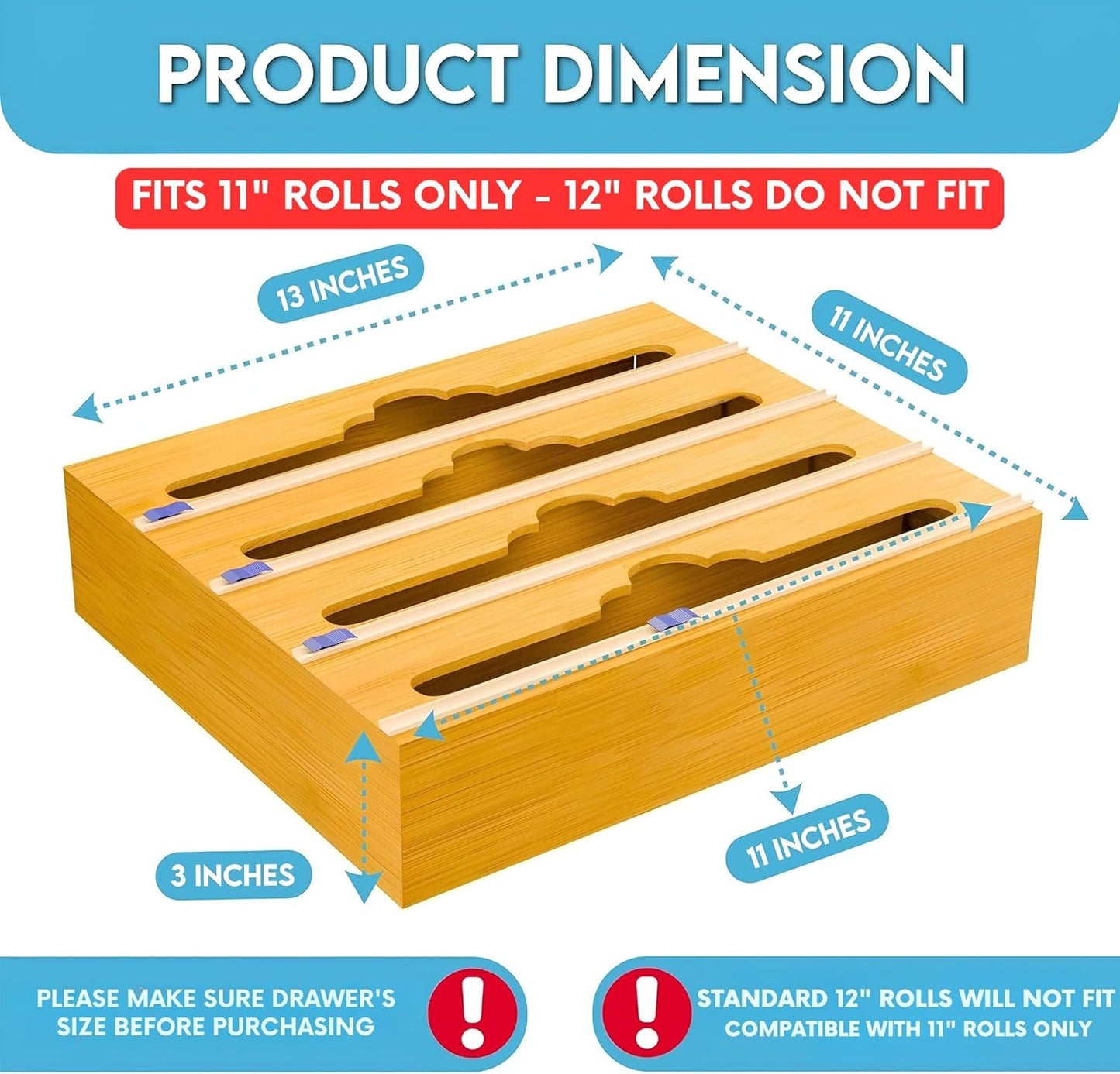 Bamboo Aluminum Foil Organizer & Plastic Wrap Dispenser with Cutter for 11" Rolls - 4 in 1 Parchment, Wax Paper & Saran Wrap Holder - Tin Foil Wrap Organizer for Kitchen Drawer, Countertop & Pantry