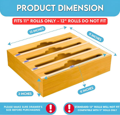 Bamboo Aluminum Foil Organizer & Plastic Wrap Dispenser with Cutter for 11" Rolls - 4 in 1 Parchment, Wax Paper & Saran Wrap Holder - Tin Foil Wrap Organizer for Kitchen Drawer, Countertop & Pantry