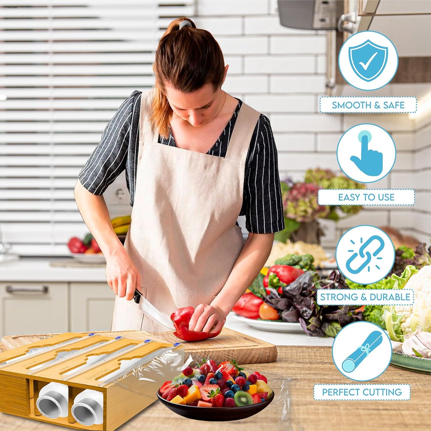 Bamboo Aluminum Foil Organizer & Plastic Wrap Dispenser with Cutter for 11" Rolls - 4 in 1 Parchment, Wax Paper & Saran Wrap Holder - Tin Foil Wrap Organizer for Kitchen Drawer, Countertop & Pantry