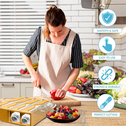 Bamboo Aluminum Foil Organizer & Plastic Wrap Dispenser with Cutter for 11" Rolls - 4 in 1 Parchment, Wax Paper & Saran Wrap Holder - Tin Foil Wrap Organizer for Kitchen Drawer, Countertop & Pantry