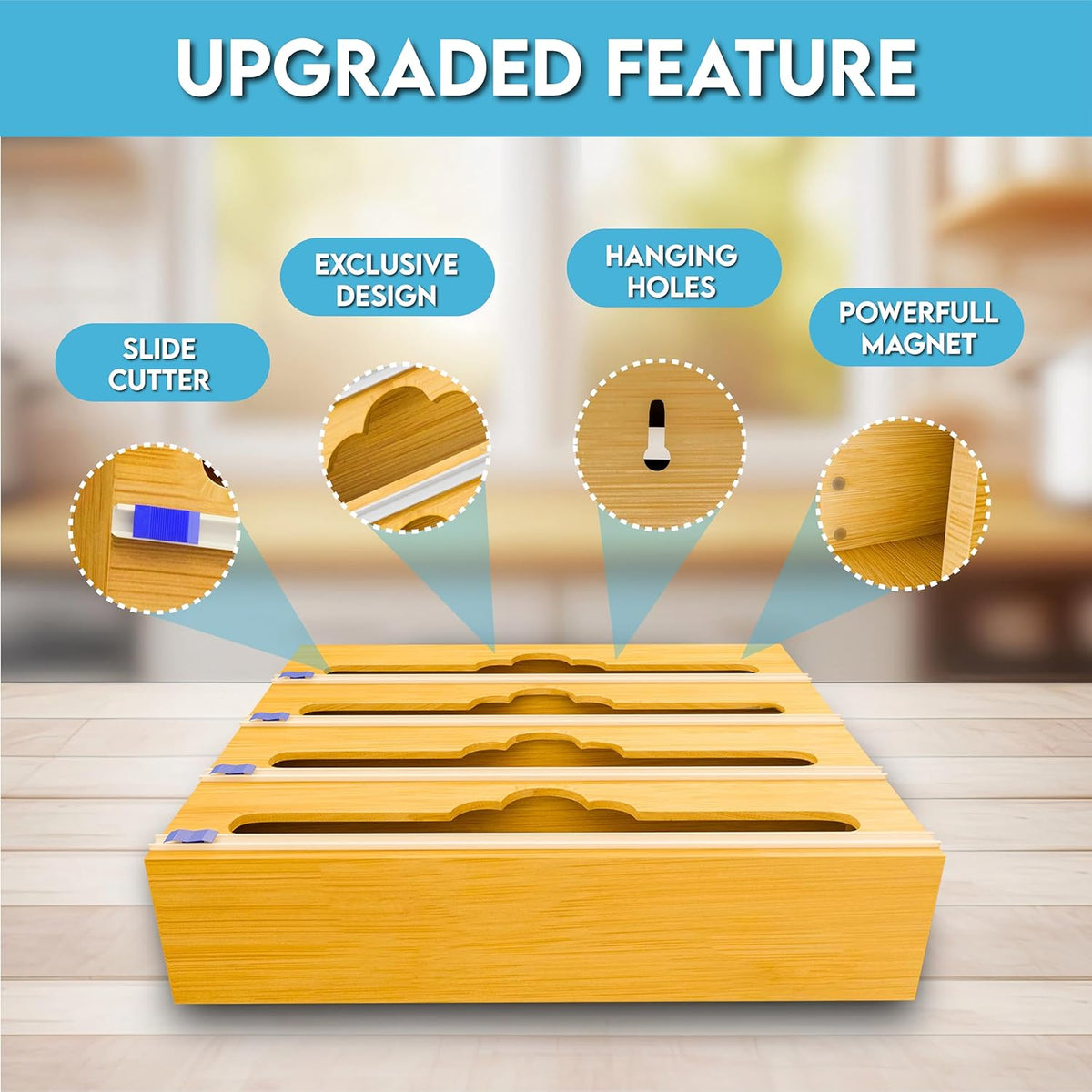 Bamboo Aluminum Foil Organizer & Plastic Wrap Dispenser with Cutter for 11" Rolls - 4 in 1 Parchment, Wax Paper & Saran Wrap Holder - Tin Foil Wrap Organizer for Kitchen Drawer, Countertop & Pantry