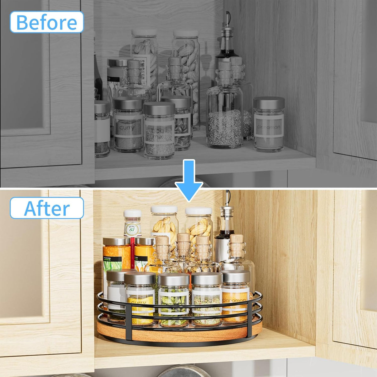 Lazy Susan Turntable Organizer Adjustable - 2 Tier Wood Rotating Spice Rack 12 Inch Lazy Susan for Kitchen Countertop Cabinet Pantry Cupboard Dining Table Bathroom Coffee Bar Home Storage