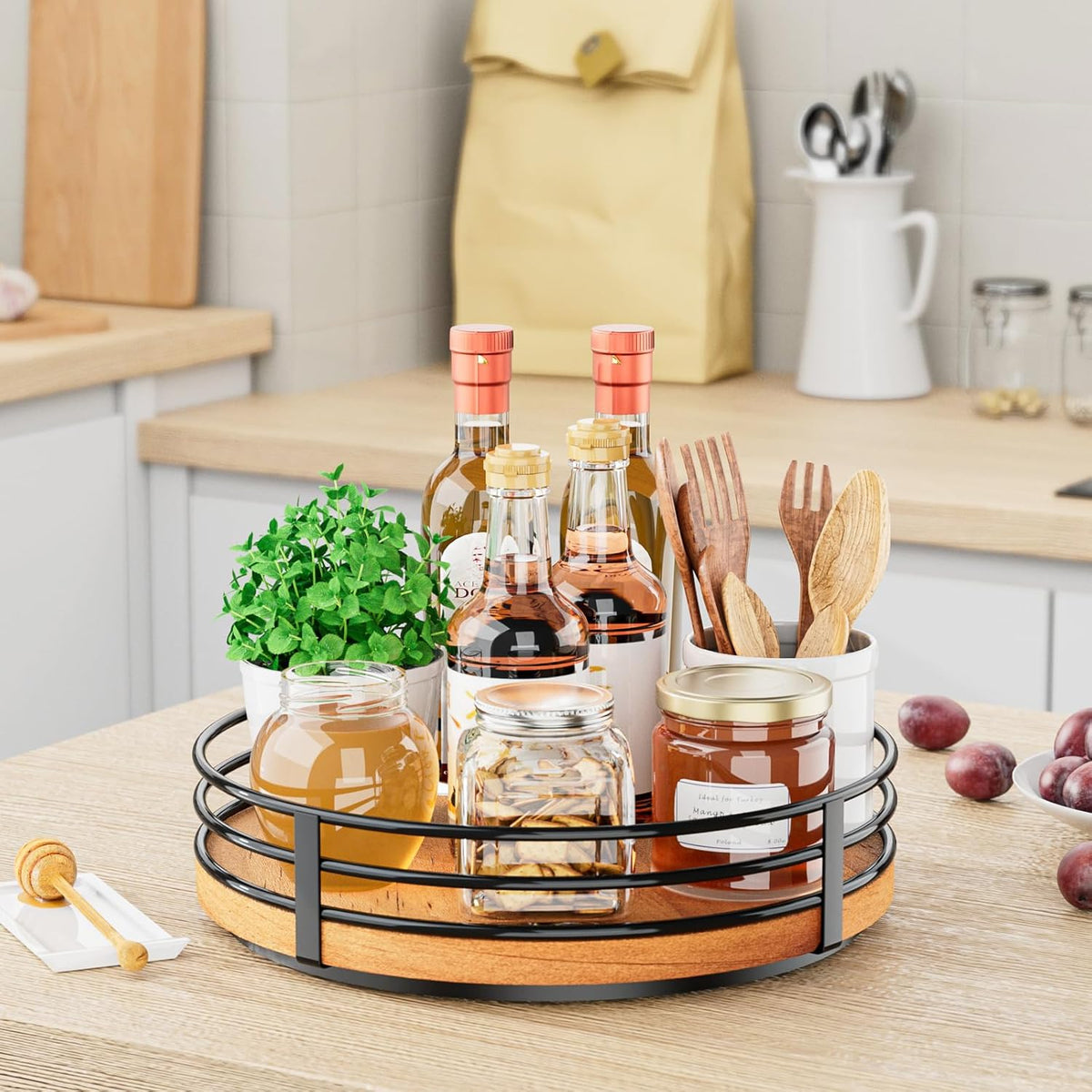 Lazy Susan Turntable Organizer Adjustable - 2 Tier Wood Rotating Spice Rack 12 Inch Lazy Susan for Kitchen Countertop Cabinet Pantry Cupboard Dining Table Bathroom Coffee Bar Home Storage