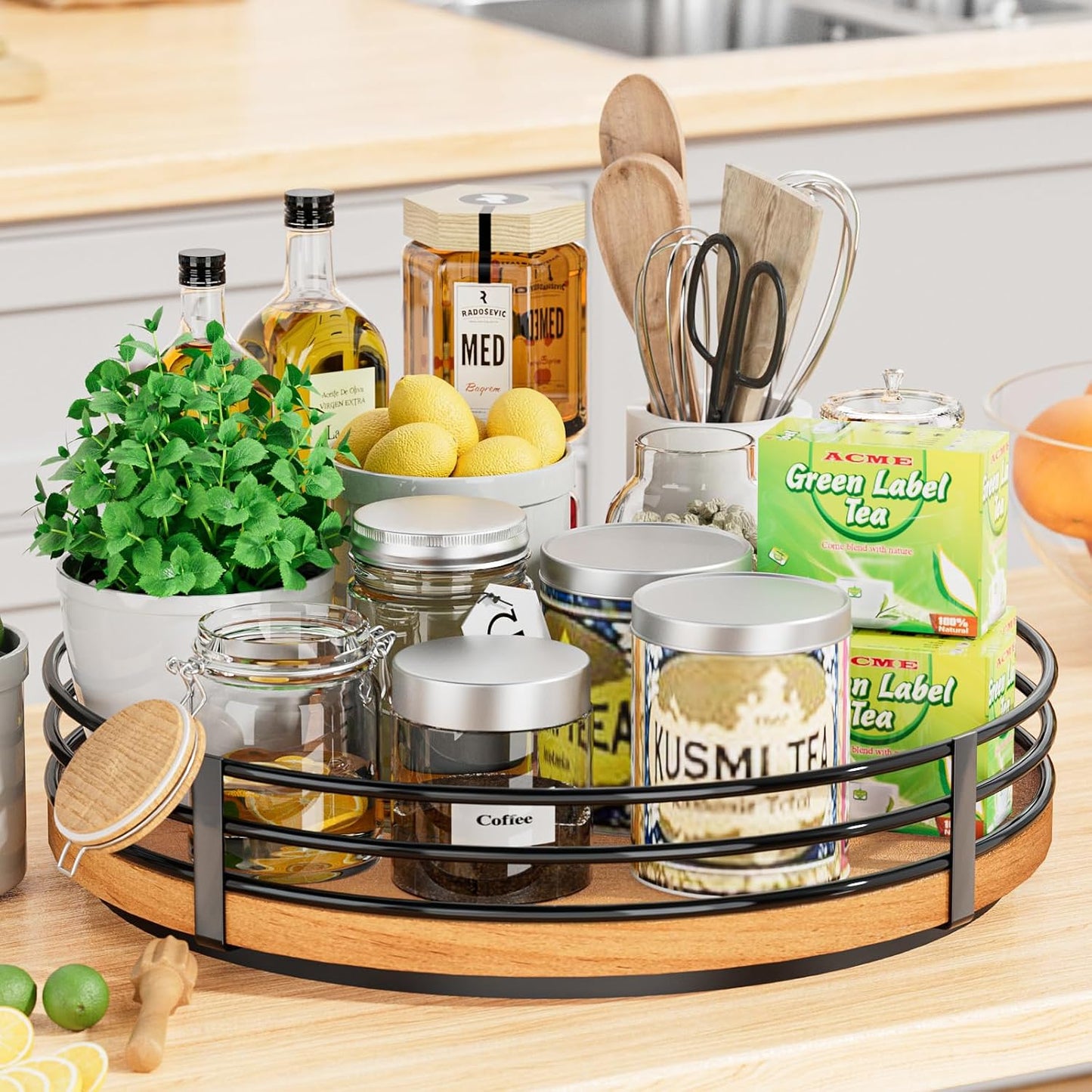Lazy Susan Turntable Organizer Adjustable - 2 Tier Wood Rotating Spice Rack 12 Inch Lazy Susan for Kitchen Countertop Cabinet Pantry Cupboard Dining Table Bathroom Coffee Bar Home Storage
