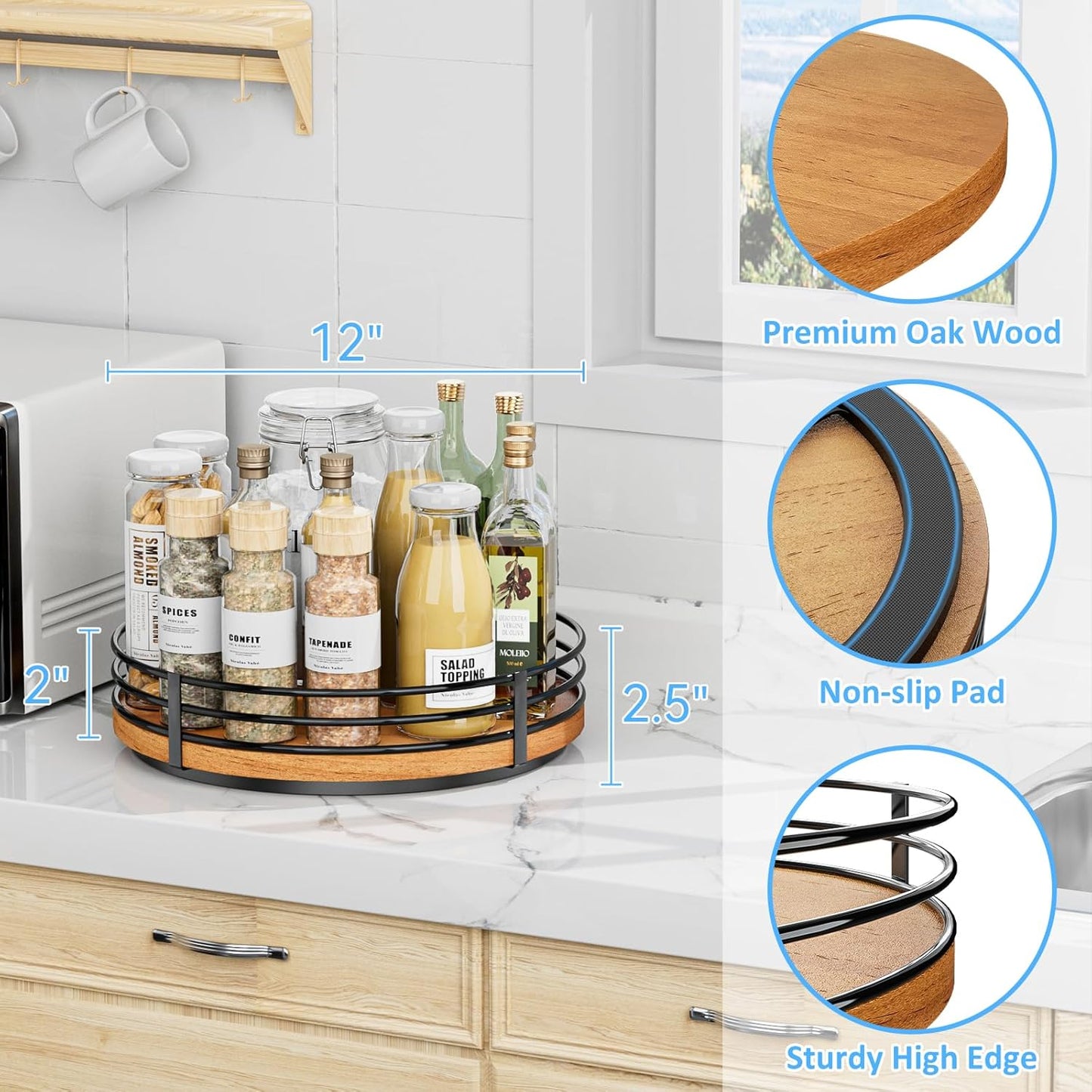 Lazy Susan Turntable Organizer Adjustable - 2 Tier Wood Rotating Spice Rack 12 Inch Lazy Susan for Kitchen Countertop Cabinet Pantry Cupboard Dining Table Bathroom Coffee Bar Home Storage