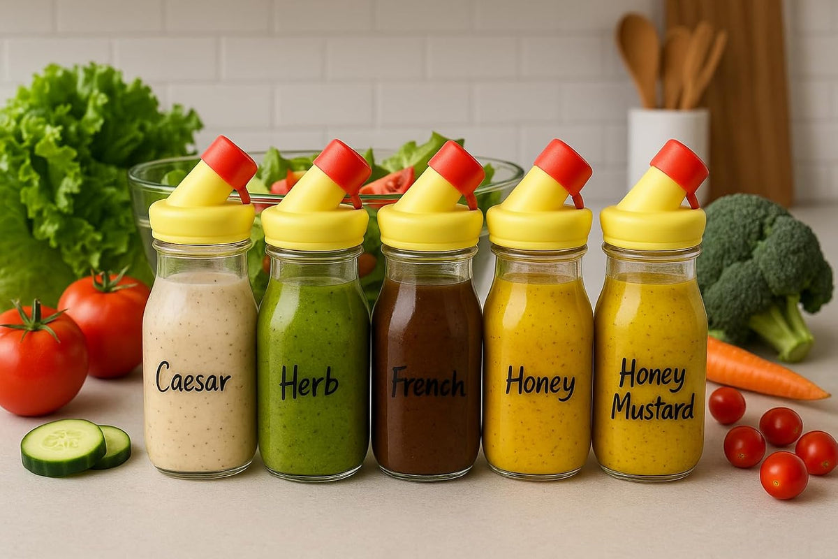 Salad Dressing Shaker Bottle - 12oz Glass Salad Dressing Dispenser Container with Silicone Pour Spout for Sauces, Ranch, and Marinades - Pack of 2