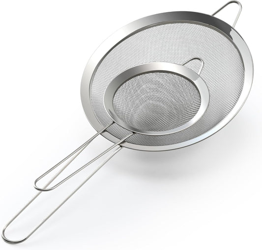 Fine Mesh Sieve Strainer Set, Stainless Steel, 6.3 and 3.94 Inch, with Grip Handles for Kitchen, Food Sifting, Noodles, Rice