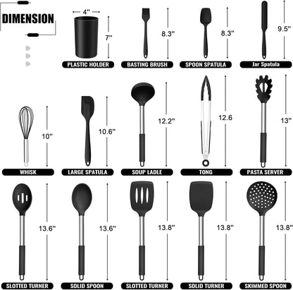 14 Pieces Silicone Cooking Utensils Set, Kitchen Utensils Set with Holder, Spatula, Ladle, Spoon, Tong, Slotted Turner for Nonstick Cookware, Heat Resistant & Stainless Steel Handle, Black