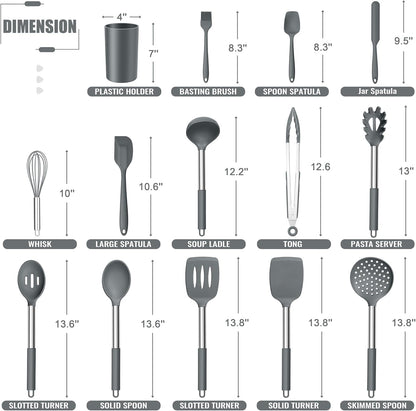 14 Pieces Silicone Cooking Utensils Set, Kitchen Utensils Set with Holder, Spatula, Ladle, Spoon, Tong, Slotted Turner for Nonstick Cookware, Heat Resistant & Stainless Steel Handle, Black