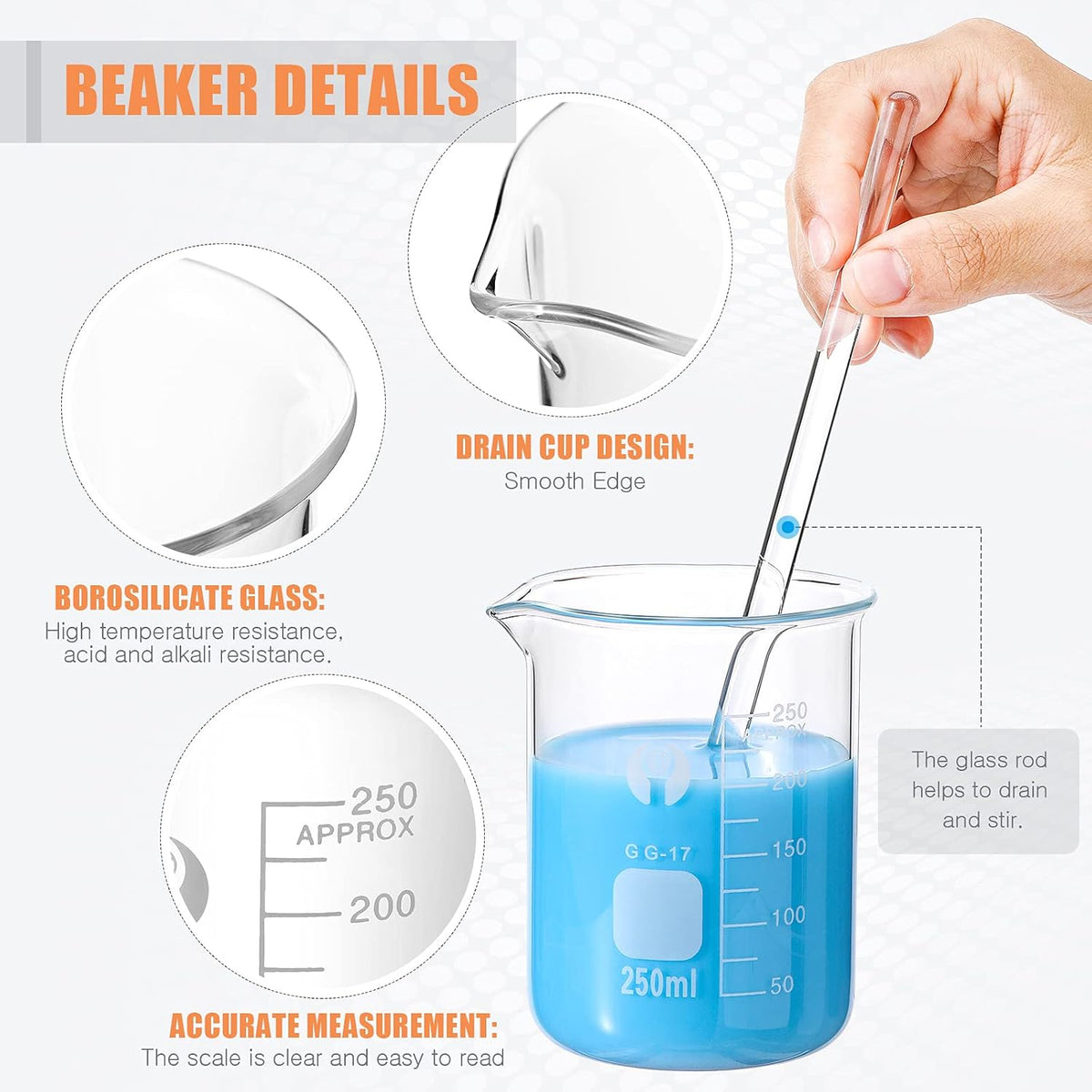 10 Pieces Glass Measuring Beaker and Graduated Measuring Cylinder with Stirring Rod 50/100/ 250/500/ 1000 ml Thick Glass Beakers and 5/10/ 50/100 ml Graduated Cylinders for Science Lab