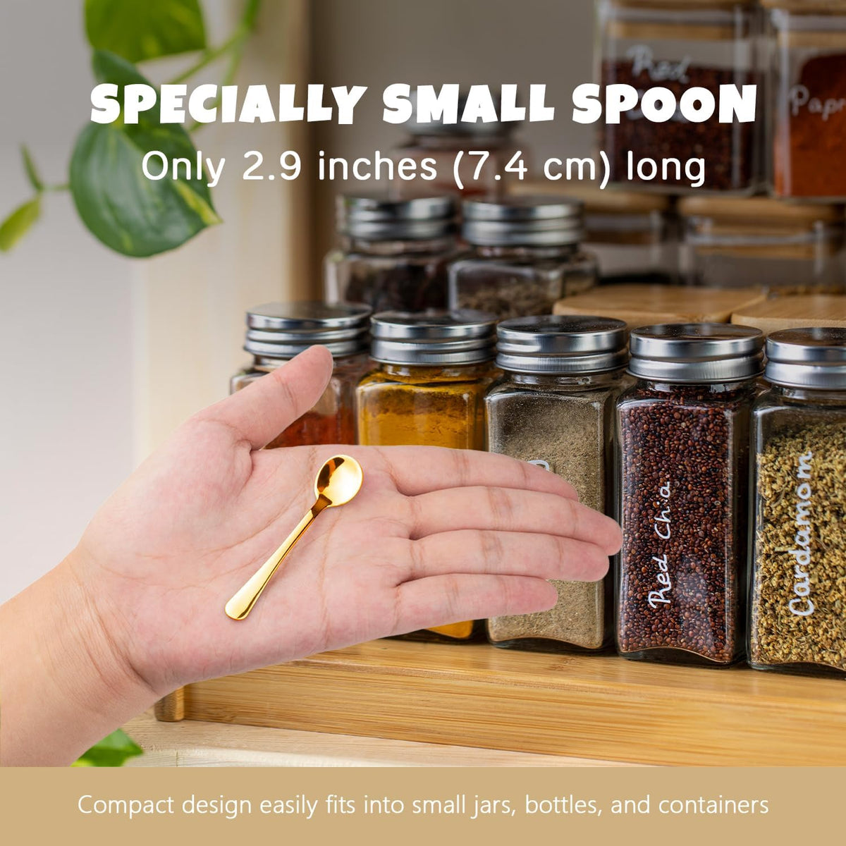 Small Spoons for Spice Jars 8 Pcs Mini Spoons Set, 2.9 Inch SUS 304 Stainless Steel Tiny Spoon for Spices, Salt, Pepper, Condiment, Sugar, Honey, Coffee (Gold)