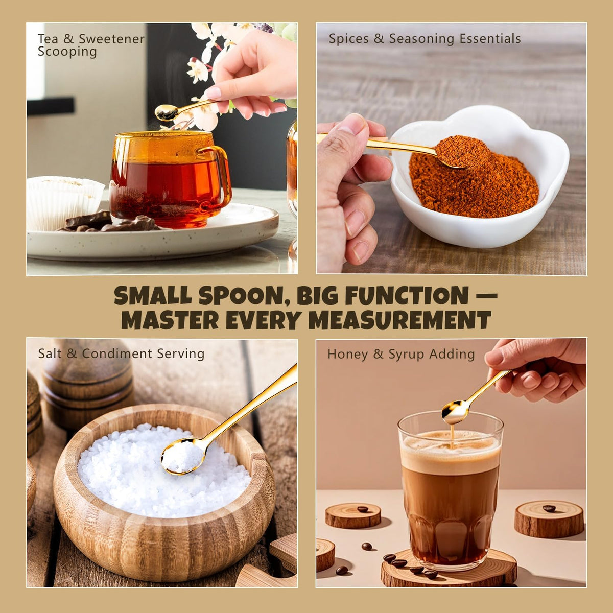 Small Spoons for Spice Jars 8 Pcs Mini Spoons Set, 2.9 Inch SUS 304 Stainless Steel Tiny Spoon for Spices, Salt, Pepper, Condiment, Sugar, Honey, Coffee (Gold)