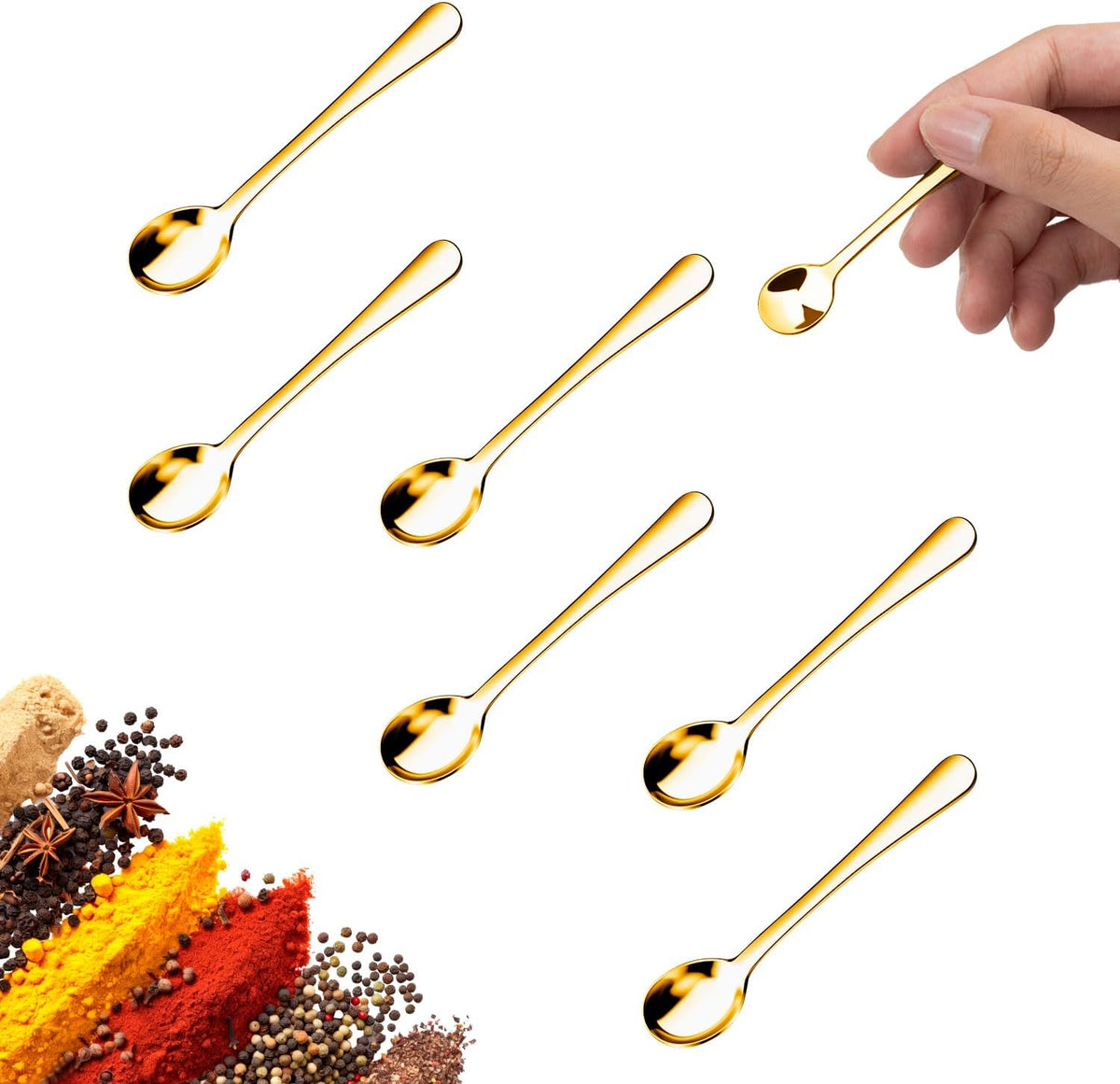 Small Spoons for Spice Jars 8 Pcs Mini Spoons Set, 2.9 Inch SUS 304 Stainless Steel Tiny Spoon for Spices, Salt, Pepper, Condiment, Sugar, Honey, Coffee (Gold)