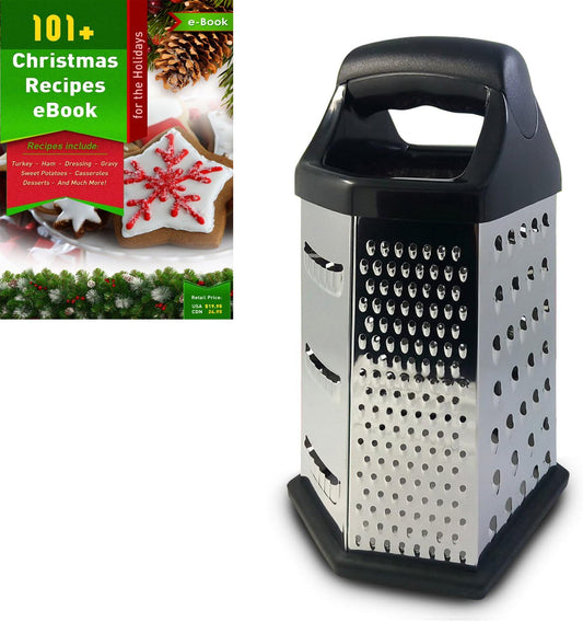 Box Graters for Kitchen, 6 Sided, Multi-purpose Cheese and Veggie Cutter, Stainless Steel With Cooking Secrets Ebook