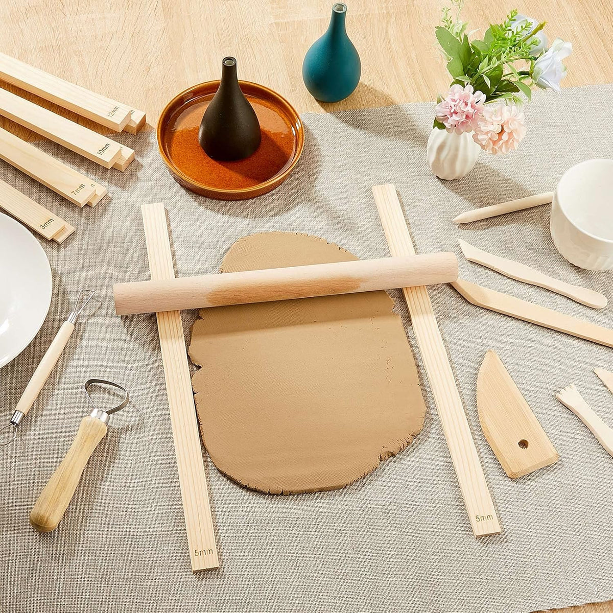 10 Pcs Clay Pottery Rolling Pin Guides,5 Size,Wood Color