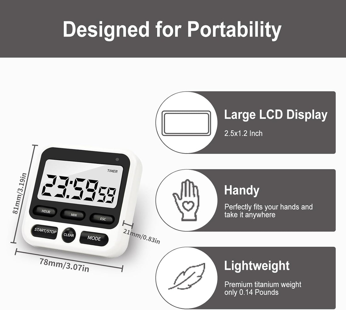 Digital Kitchen Timer with Mute/Loud Alarm,Count Up/Down, 24 Hour Clock and Alarm Function for Kids Teacher Cooking