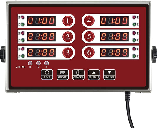 Kitchen Timers for Cooking – 6 Channel Commercial Kitchen Timer Restaurant Kitchen Supplies – Stainless Steel LED Technology Kitchen Timer Digital – Reminder Function, Loud Alarm, Red