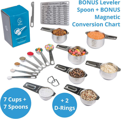 Measuring Cups and Spoons Set, 16-Piece Stainless Steel, Leveler & Chart