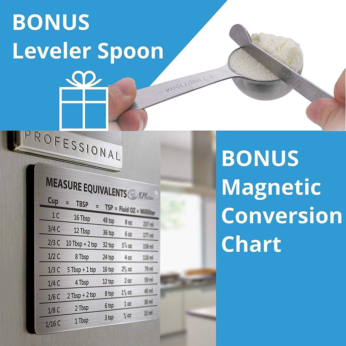 Measuring Cups and Spoons Set, 16-Piece Stainless Steel, Leveler & Chart