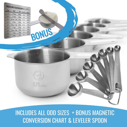 Measuring Cups and Spoons Set, 16-Piece Stainless Steel, Leveler & Chart