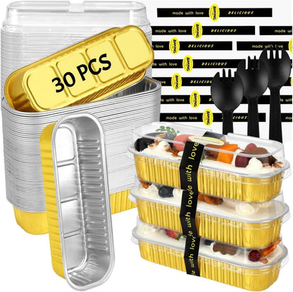 30 Pack Gold Mini Rectangular Aluminum Foil Loaf Pans with Lids 6.8oz, Spoons & Sealing Stickers Included - Perfect for Baking Mini Cakes, Parties & Gifting