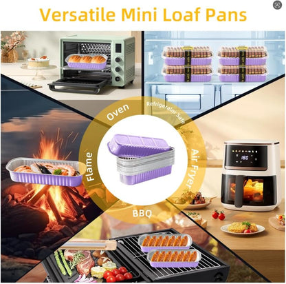 30 Pack Gold Mini Rectangular Aluminum Foil Loaf Pans with Lids 6.8oz, Spoons & Sealing Stickers Included - Perfect for Baking Mini Cakes, Parties & Gifting