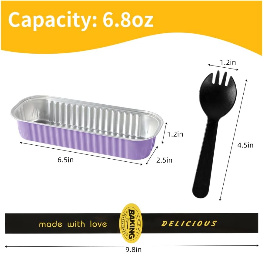 30 Pack Gold Mini Rectangular Aluminum Foil Loaf Pans with Lids 6.8oz, Spoons & Sealing Stickers Included - Perfect for Baking Mini Cakes, Parties & Gifting