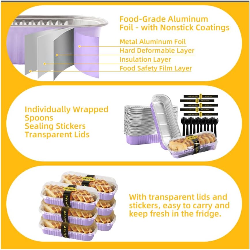 30 Pack Gold Mini Rectangular Aluminum Foil Loaf Pans with Lids 6.8oz, Spoons & Sealing Stickers Included - Perfect for Baking Mini Cakes, Parties & Gifting