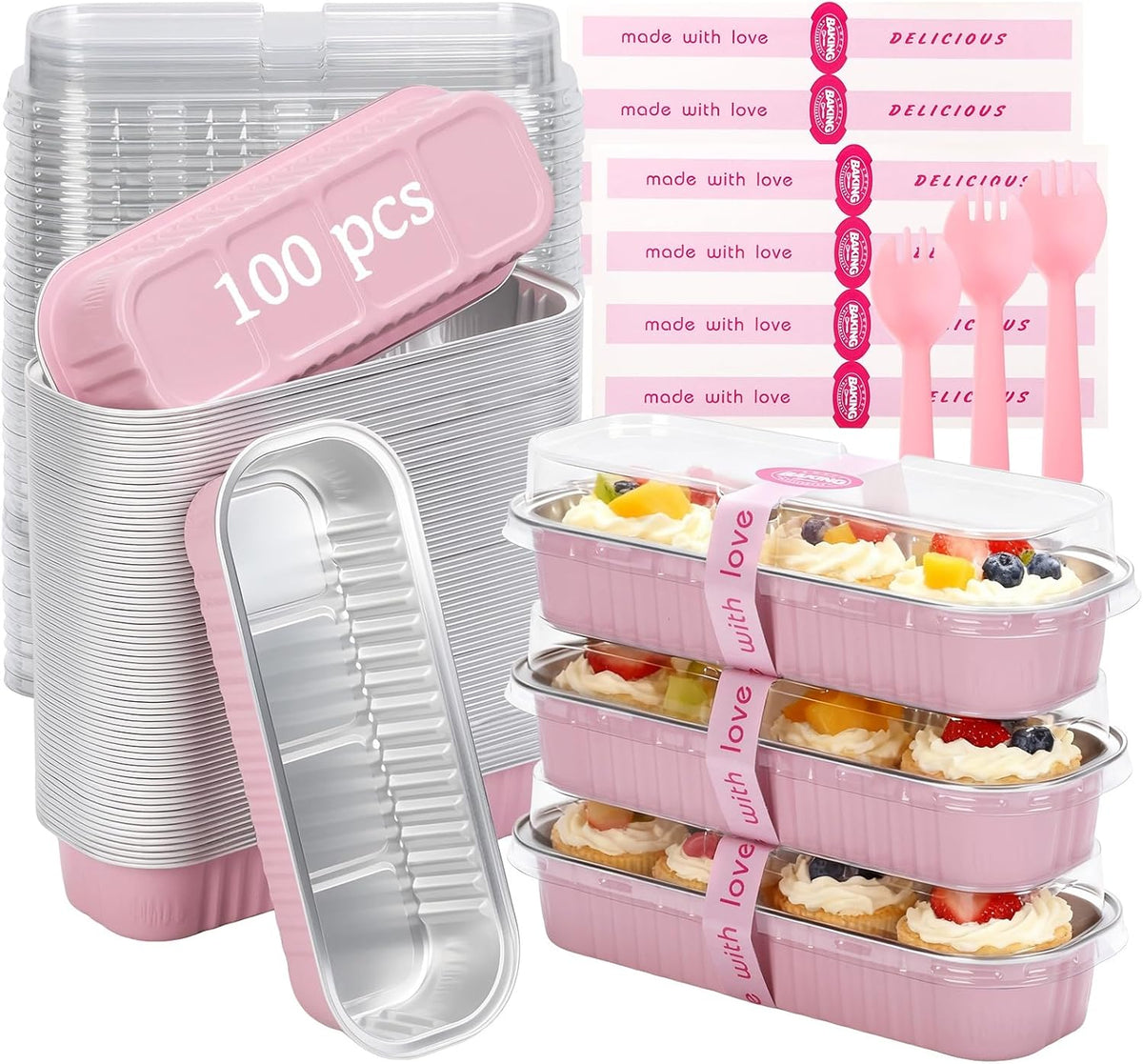 30 Pack Gold Mini Rectangular Aluminum Foil Loaf Pans with Lids 6.8oz, Spoons & Sealing Stickers Included - Perfect for Baking Mini Cakes, Parties & Gifting