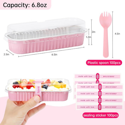 30 Pack Gold Mini Rectangular Aluminum Foil Loaf Pans with Lids 6.8oz, Spoons & Sealing Stickers Included - Perfect for Baking Mini Cakes, Parties & Gifting