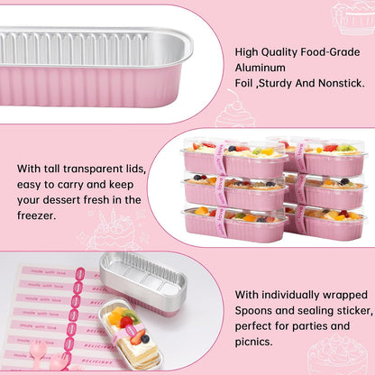 30 Pack Gold Mini Rectangular Aluminum Foil Loaf Pans with Lids 6.8oz, Spoons & Sealing Stickers Included - Perfect for Baking Mini Cakes, Parties & Gifting