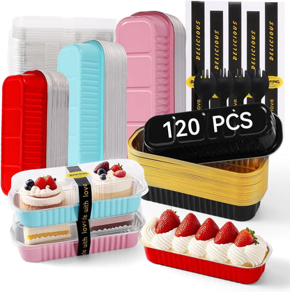 30 Pack Gold Mini Rectangular Aluminum Foil Loaf Pans with Lids 6.8oz, Spoons & Sealing Stickers Included - Perfect for Baking Mini Cakes, Parties & Gifting