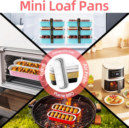 30 Pack Gold Mini Rectangular Aluminum Foil Loaf Pans with Lids 6.8oz, Spoons & Sealing Stickers Included - Perfect for Baking Mini Cakes, Parties & Gifting