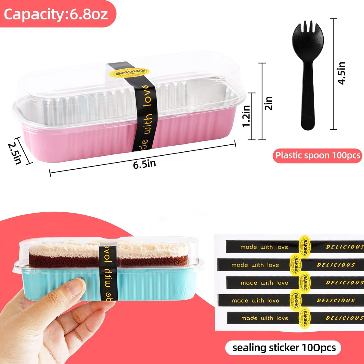 30 Pack Gold Mini Rectangular Aluminum Foil Loaf Pans with Lids 6.8oz, Spoons & Sealing Stickers Included - Perfect for Baking Mini Cakes, Parties & Gifting