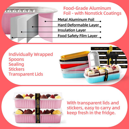 30 Pack Gold Mini Rectangular Aluminum Foil Loaf Pans with Lids 6.8oz, Spoons & Sealing Stickers Included - Perfect for Baking Mini Cakes, Parties & Gifting