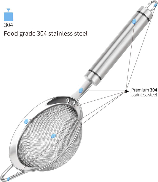 3.35inch 304 Stainless Steel Fine Mesh Strainers for Kitchen, Colander-Skimmer with Handle, Metal Sieve Sifters for Food, Rice, Oil, Noodles, Fruits, Vegetable, Tea Strainer