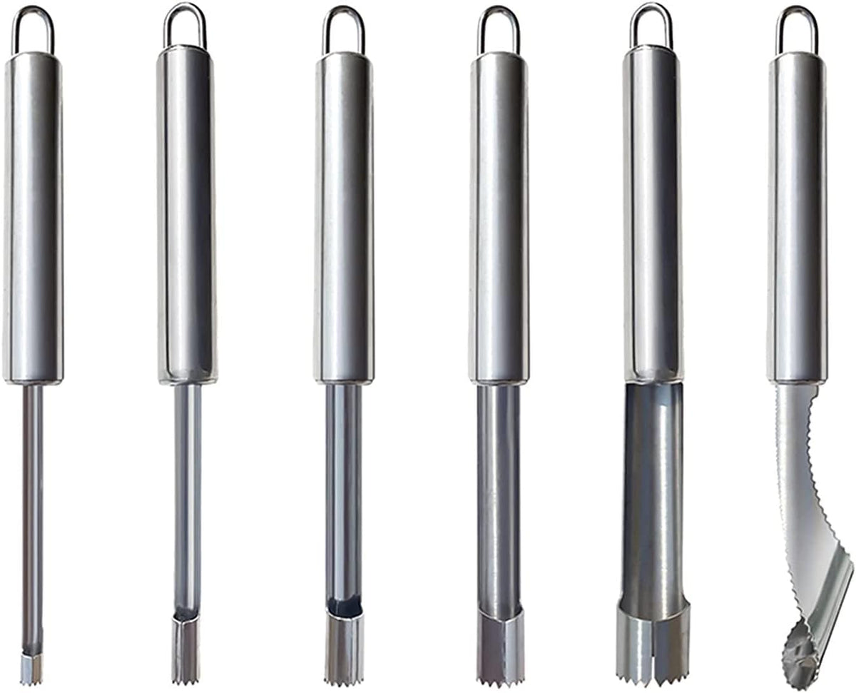 Fruit and Vegetable Corer Tool, Multi-Function Stainless Corer and Pitter Remover Set for Apple, Pear, Cherry, Jujube, Red Dates, Berry, Chili, Jalapeno Pepper, Tomato, potato - 6 Pieces