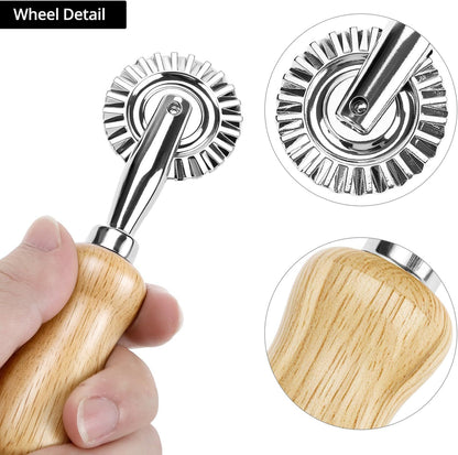 Ravioli Stamp Maker Cutter with Roller Wheel Set – Wood Handle, Sturdy Aluminum Frame, Precise Fluted Edges – Perfect for Ravioli, Pasta, Cookies