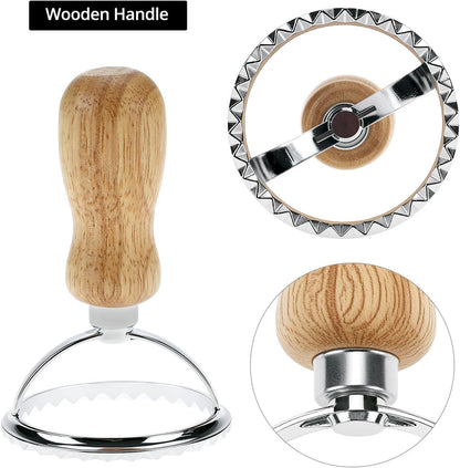 Ravioli Stamp Maker Cutter with Roller Wheel Set – Wood Handle, Sturdy Aluminum Frame, Precise Fluted Edges – Perfect for Ravioli, Pasta, Cookies