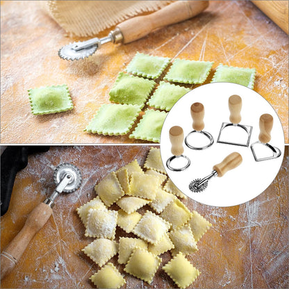 Ravioli Stamp Maker Cutter with Roller Wheel Set – Wood Handle, Sturdy Aluminum Frame, Precise Fluted Edges – Perfect for Ravioli, Pasta, Cookies
